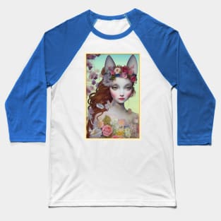 Fantasy art painting of a girl with flowers and ears of a cat Baseball T-Shirt